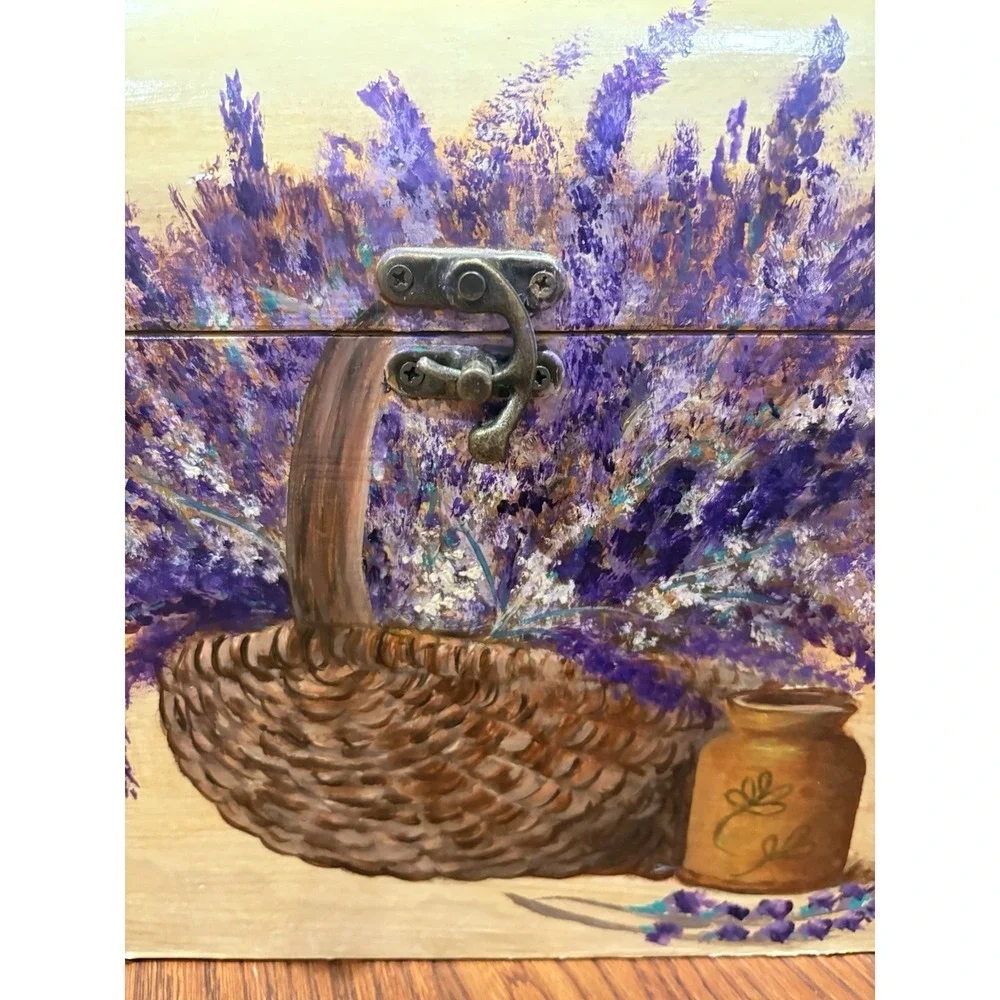 Handpainted CottageCore Storage Box Lavender Floral Metal hardware